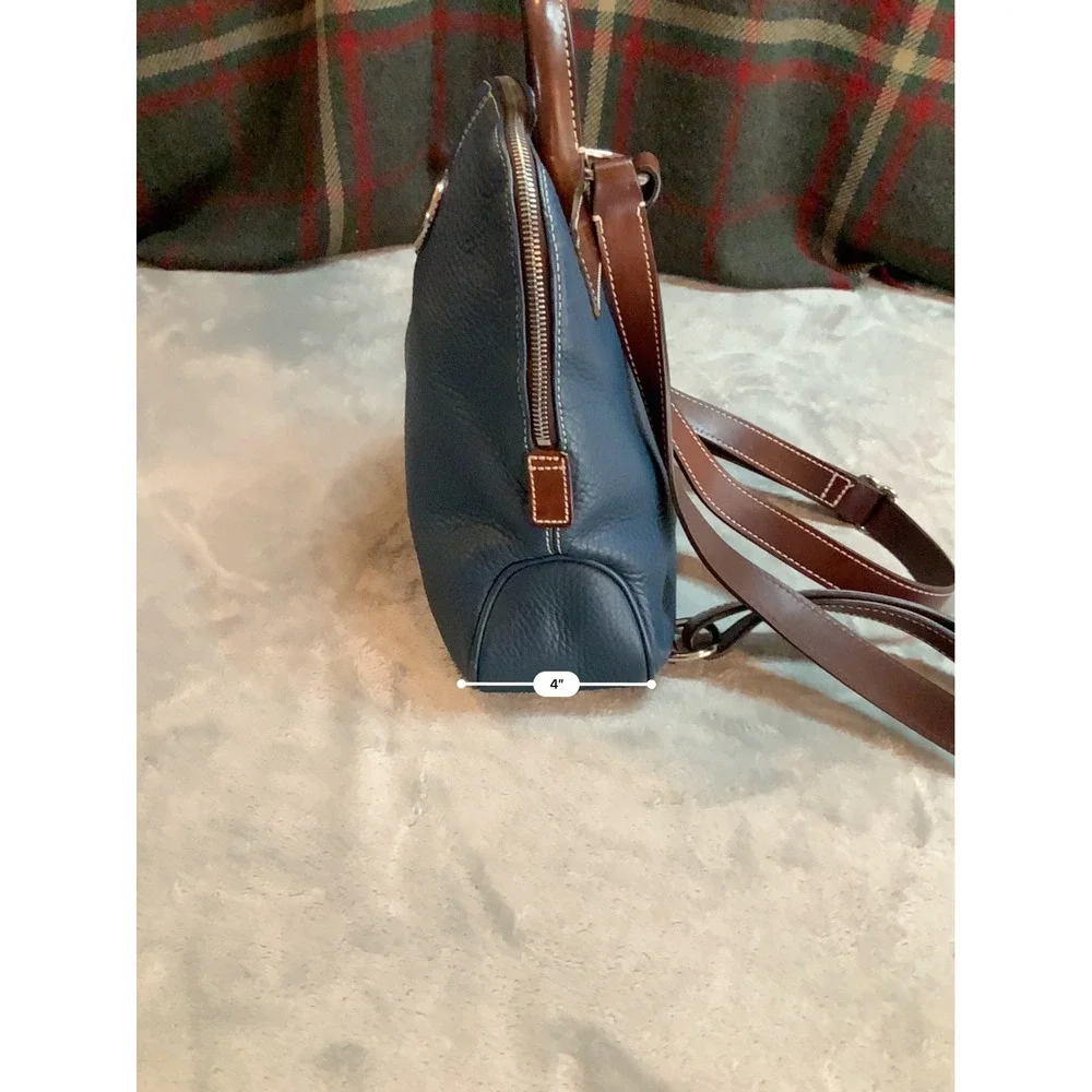 Dooney & Bourke Pebbled Leather Backpack Slate Blue Brown Trim Dome Bag